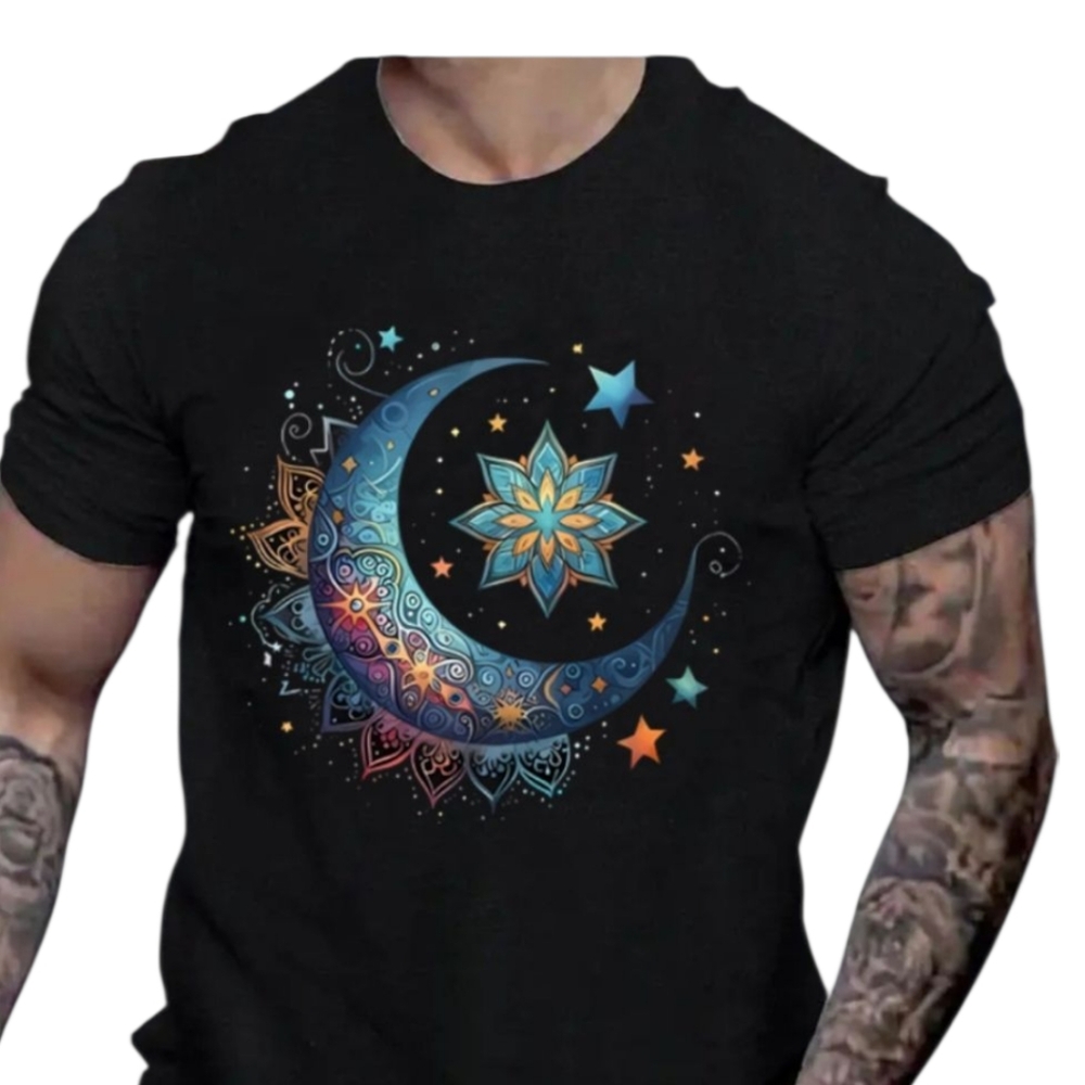 Black Graphic Moon and Star Men's T-Shirt